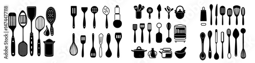 Icons of kitchenware, cutlery, and cooking utensils in silhouette form, including modern cookware and home cooking essentials like saucepans, ladles, cups, mugs, forks, knives, whisks, spoons, and