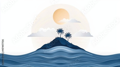 Tropical island palm tree ocean wave sunrise blue silhouette calm nature