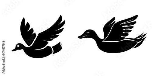 A modern bird with the physical attributes of a goose is captured in mid-air, its silhouette that of a wild duck flying solo