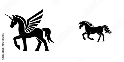 The silhouette of a winged horse, also known as pegasus, is isolated, representing a modern unicorn and heraldic symbol of a mythical animal