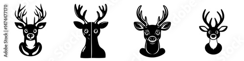 Isolated head mascot of wild elk or deer with antlers, a modern emblem for reindeer hunting sport featuring a horned animal