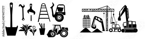 Isolated monochrome icons of repair, gardening, mining, and farming tools, including modern carpentry items and a work tool kit, featuring a spade, wheelbarrow, axe, drill, spatula, spanner, hammer,