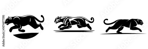 A wild black panther, also known as an isolated puma or cougar, with a modern running or jumping leopard silhouette