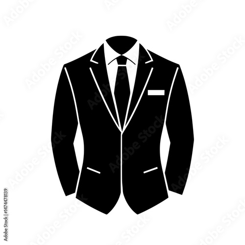Black and white formal suit icon including jacket, shirt, and tie representing menswear and fashion attire