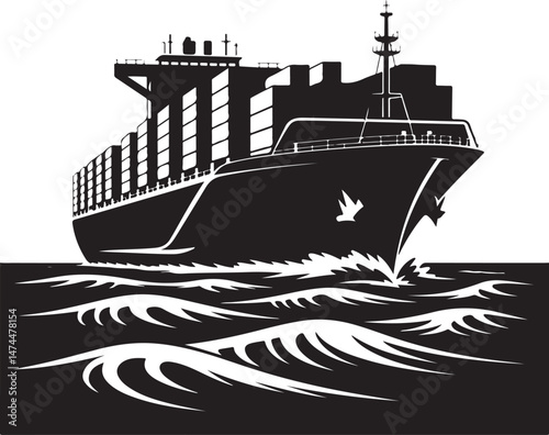 Cargo Ship black silhouette with containers and waves, showcasing trade and maritime power in a minimalist vector design