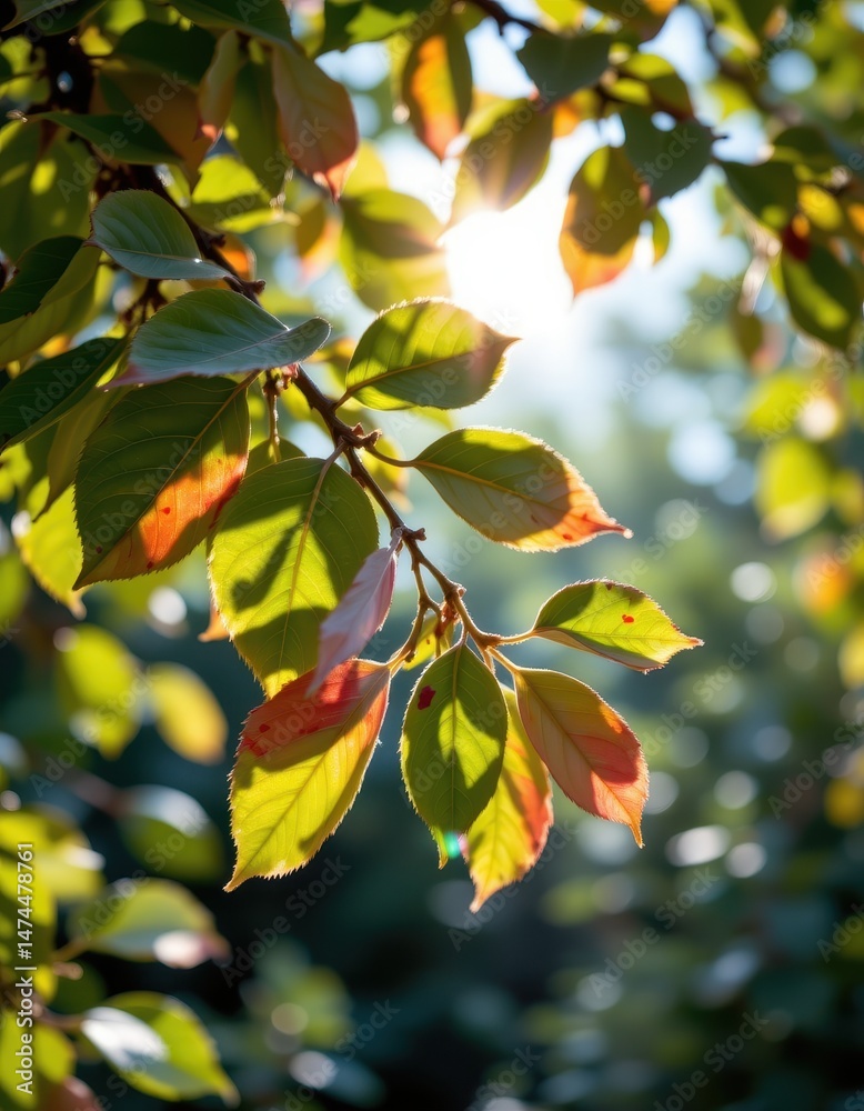 Obraz premium gentle light rays passing through translucent multicolored leaves, glimmering softly