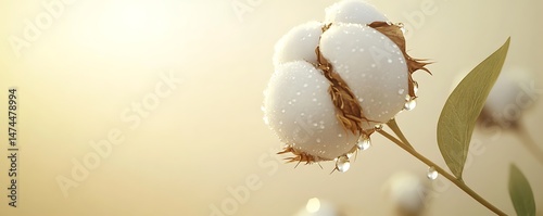 Isolated cotton flower with dewdrops against a soft cream-colored background