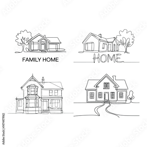 Silhouette of a Family house line art drawing style vector with white background