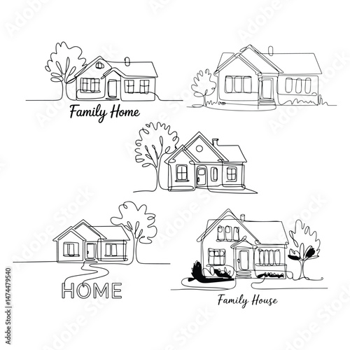 Silhouette of a Family house line art drawing style vector with white background