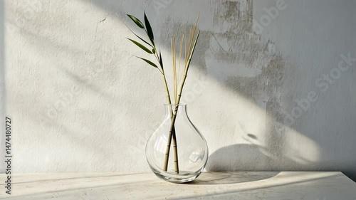 Clear glass vase with a single bamboo stick, placed on a light concrete surface with a neutral background, minimal eco design,