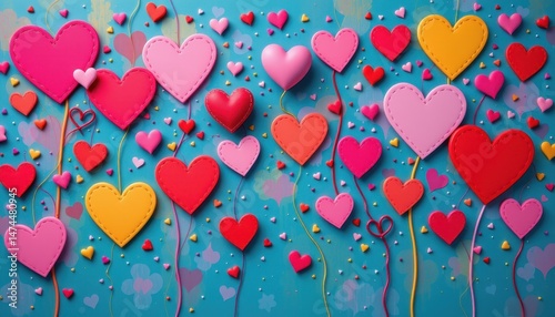 Colorful Heart Decorations with Colorful Background for Love Theme