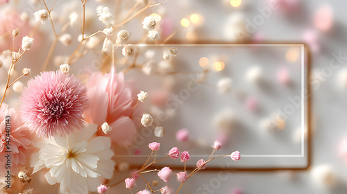 Floral arrangement featuring delicate pink and white flowers with soft bokeh background and empty copy space for text or design elements. Selective focus