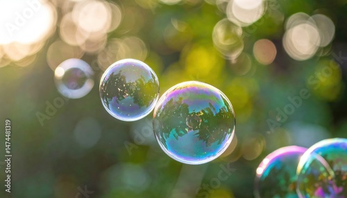 Glistening soap bubbles catching sunlight, a colorful display of light and magic