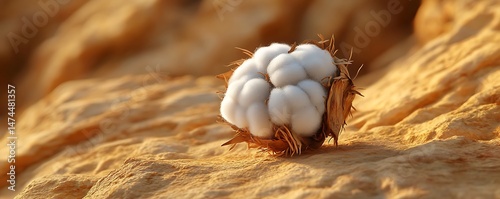 Macro photography of a fluffy cotton boll on a sandstone surface