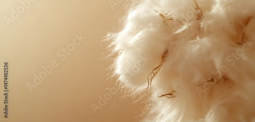 Macro shot of fluffy cotton flower fibers with a smooth taupe background