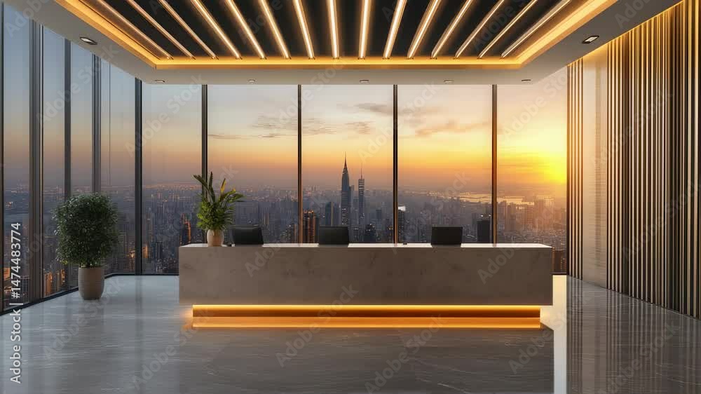 Modern office lobby interior with city view and reception desk at sunset