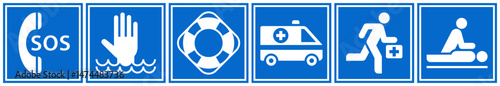 First aid sign set. Emergency icons. Sos, ambulance, paramedic, hospital, resuscitation, fire action, lifebuoy, lifeguard symbols. Emergency situation signs.