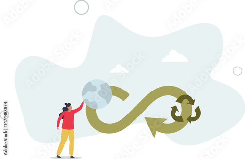 Circular economy, sustainability, ecology with reusable resource, energy or eco friendly product, recycle material or environment protection, climate change concept. character life .