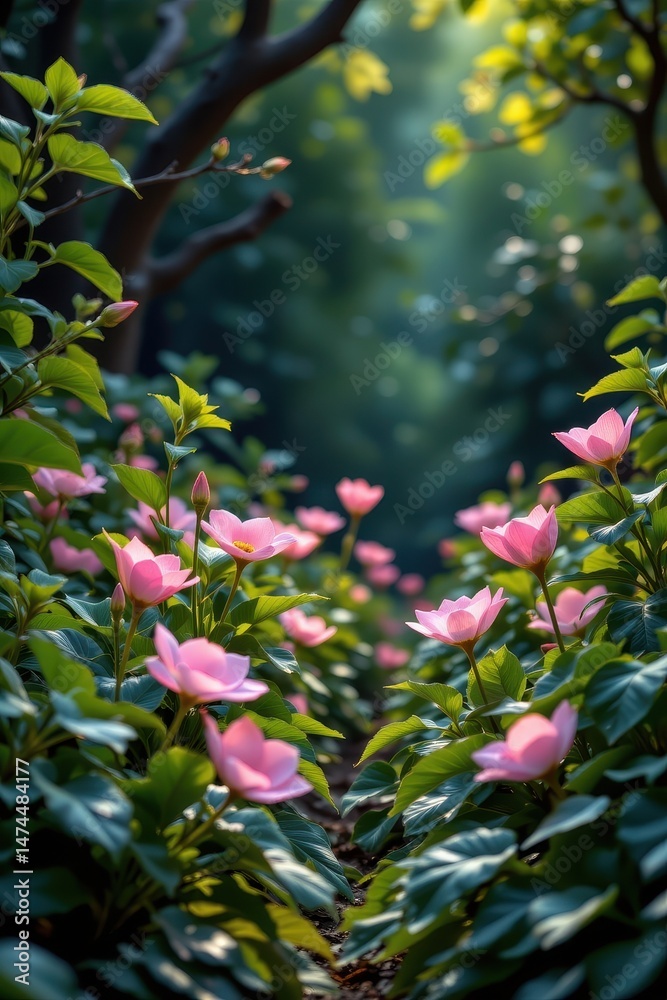 Obraz premium soft blushing jungle of glowing petals, twinkling leaf tips