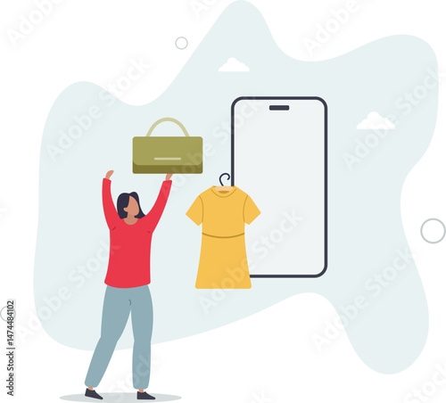 buying recycling eco friendly clothes and textile consciously. woman chooses dress and bag online. character life .