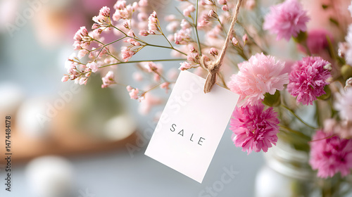 Beautiful floral arrangement with pink flowers and a sale tag hanging in a bright, softly lit setting for promotional purposes. Seletive focus
