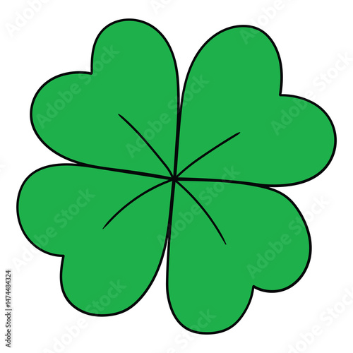 Hand drawn cartoon four leaf clover on white background.