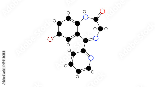 Fotografie bromazepam molecule, structural chemical formula, ball-and-stick model, isolated