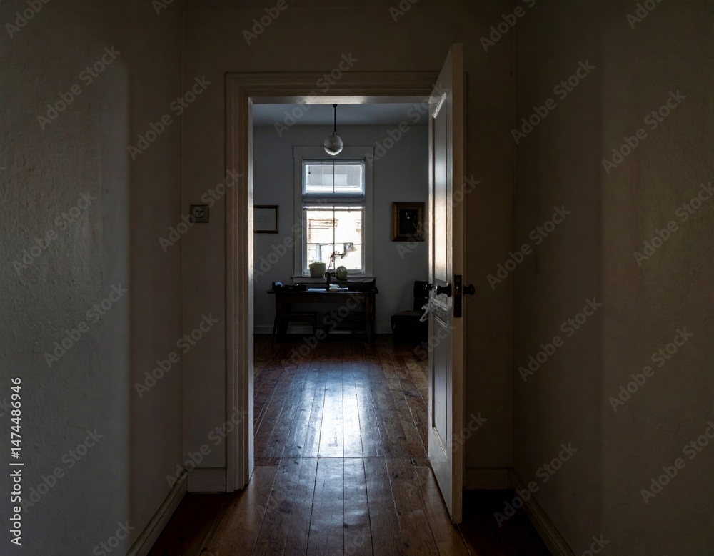 Doorway View into Dimly Lit Room with Wooden Floor and Natural Light Doorway View into Dimly Lit Room with Wooden Floor and Natural Light