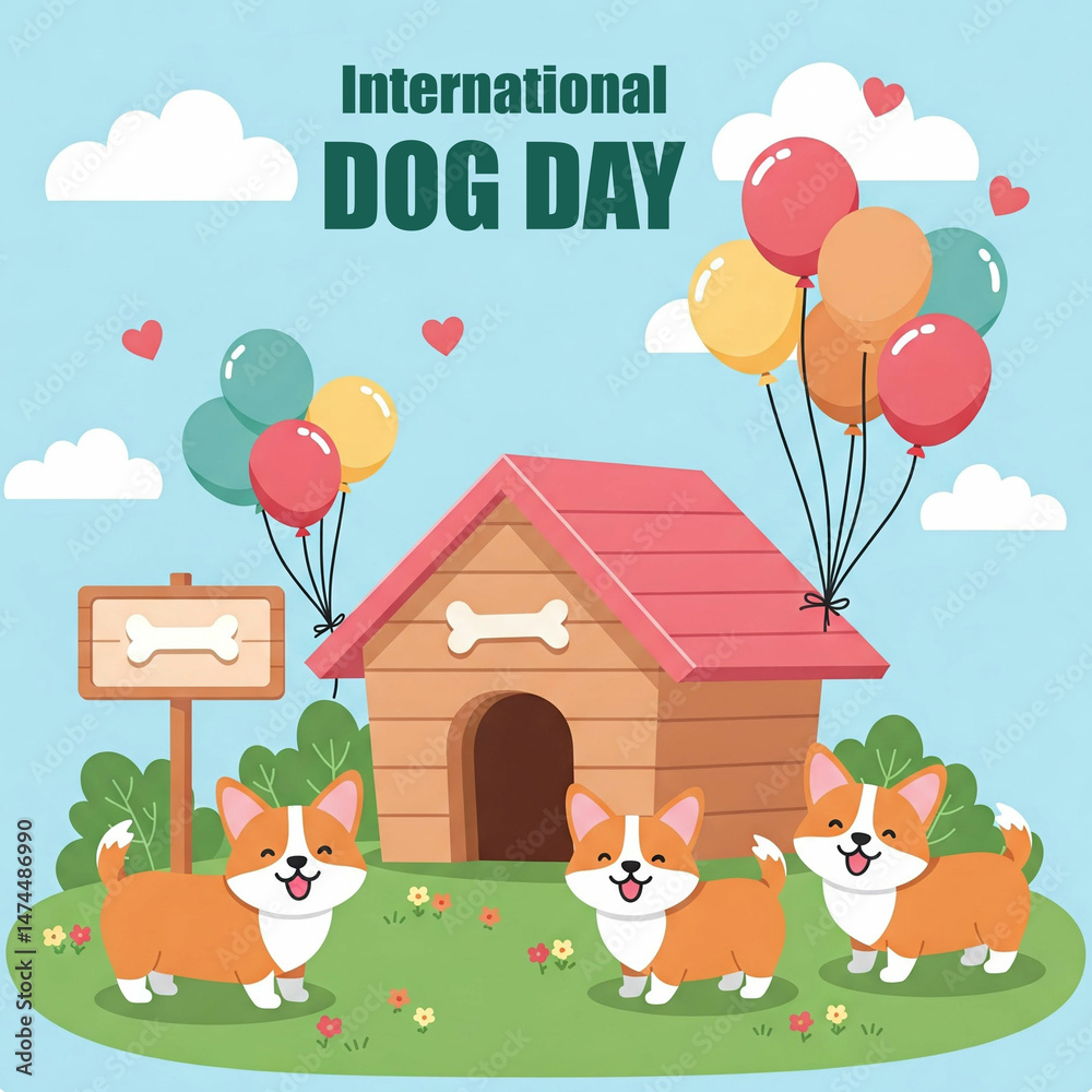 Naklejka premium International Dog Day Celebration: Delightful illustration captures the spirit of International Dog Day, showcasing a playful scene featuring adorable corgis, balloons, a doghouse.