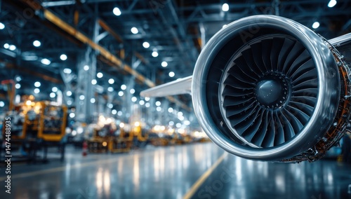 Airplane engine inside manufacturing factory setting