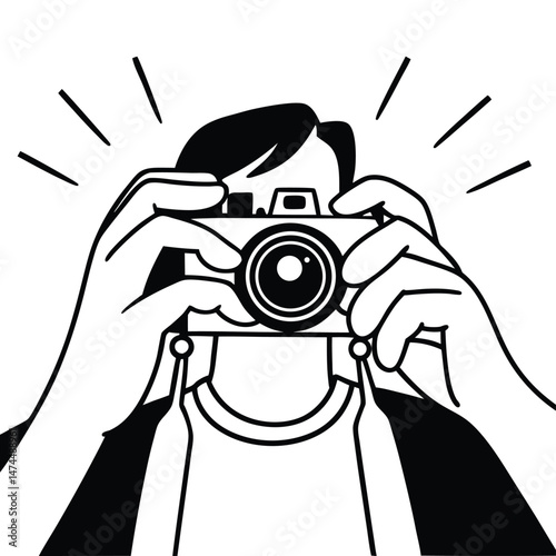 Man is holding a camera and taking picture in black and white