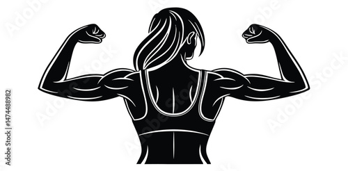 Silhouette of a Muscular Female Bodybuilder Flexing Biceps in Athletic Pose
