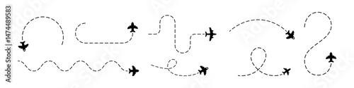 Plane flying path line vector icon set. Aircraft flight paths and routes collection