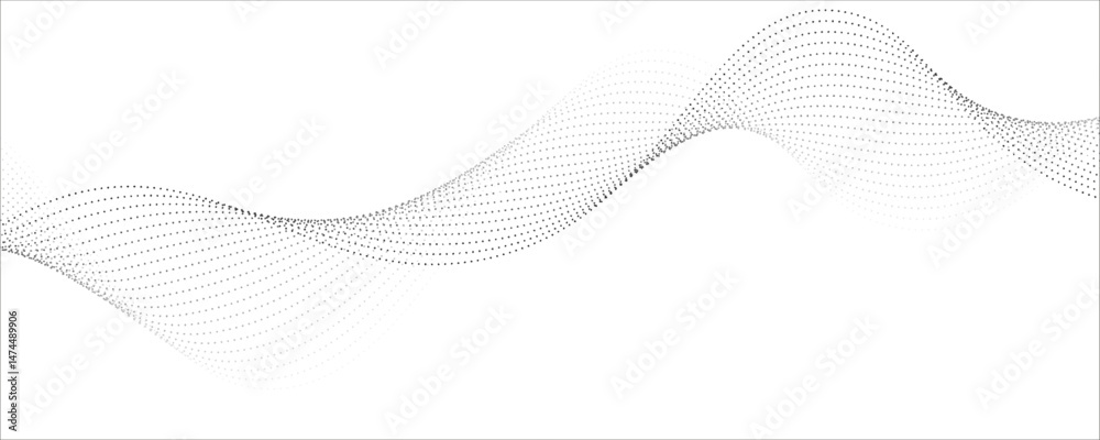 Flowing dots particles wave pattern 3D curve halftone black gradient curve shape isolated on white background. Vector in concept of technology, science, music, modern vector wave