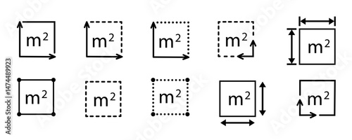 Square and cubic meter vector icon set. Measurement units for area