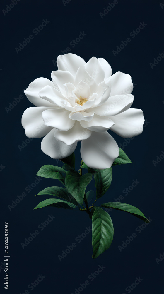Obraz premium A delicate white gardenia flower with its elegant petals and lush green leaves is displayed against a rich dark blue background in a captivating portrait of nature.