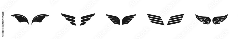 Obraz premium Wings symbolic vector flat black icon set. Stylized black wing symbols collection