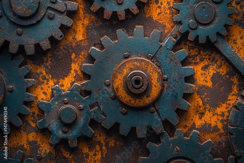 Close-up of Interlocking Rusty Metal Gears with Industrial Texture and Vintage Aesthetic