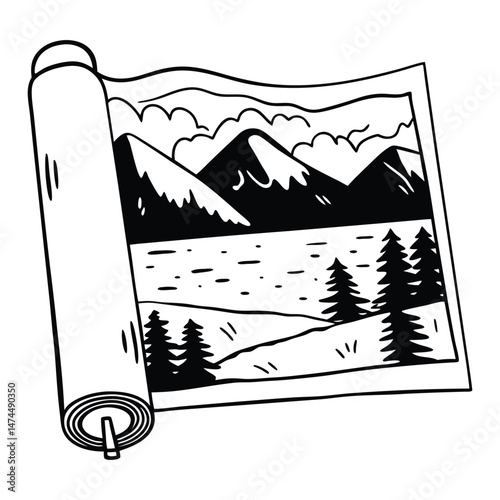 Drawing of a mountain range with a lake in black and white