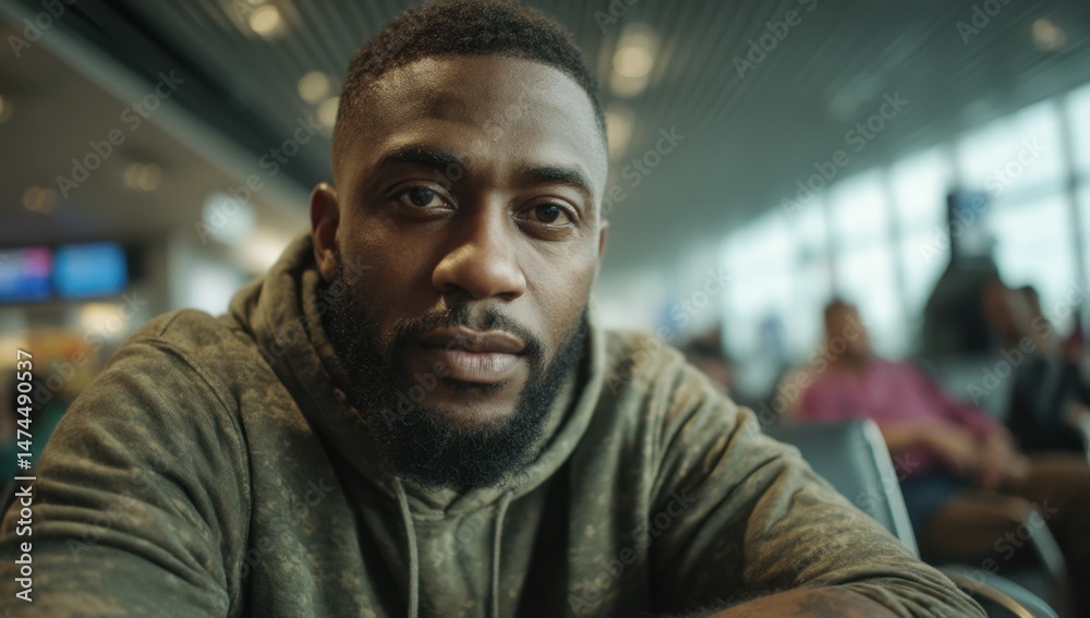 Obraz premium Man sitting looking at camera in airport