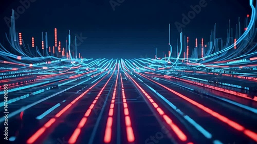 Abstract Digital Highway with Data Streams and Glowing Light Trails