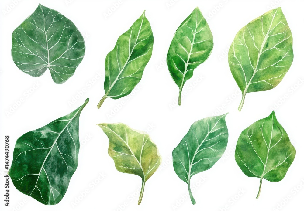 Naklejka premium Botanical Illustration Of Green Leaves On A White Background