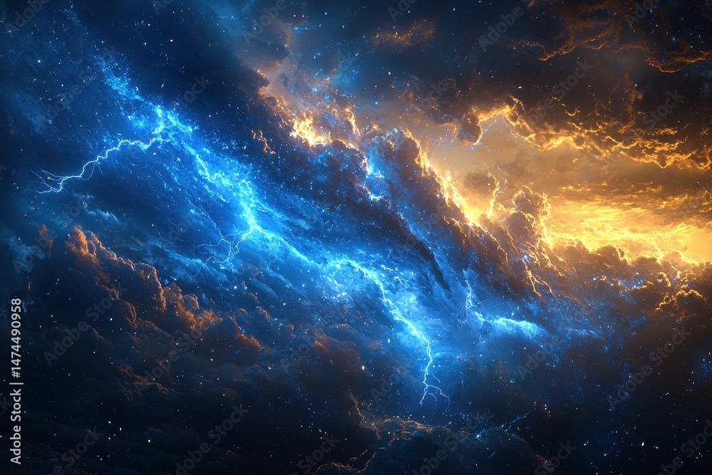 Obraz premium Stunning Cosmic Landscape with Vibrant Blue and Orange Nebula Clouds Illuminated by Electric Lightning in Deep Space