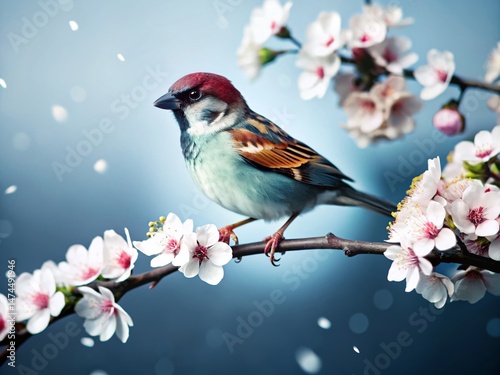 Double Exposure: Tiny Sparrow on Cherry Blossom Branch - Spring Nature Photography