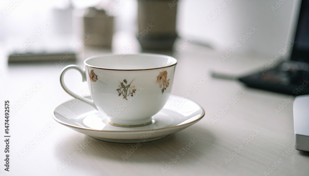 Elegant porcelain cup with delicate floral design on a wooden table Elegant porcelain cup with delicate floral design on a wooden table