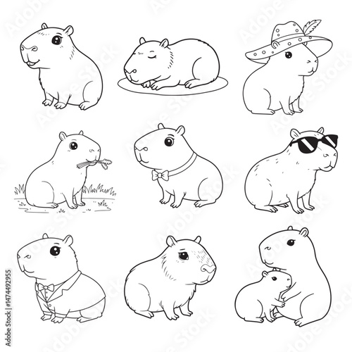 Nine cute cartoon capybara illustrations in various poses and with different accessories (hat, sunglasses, bow tie, suit, holding leaves, with baby). Black and white line art.