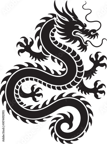 Dynamic dragon black silhouette with coiled body and sharp claws, showcasing mythology and power