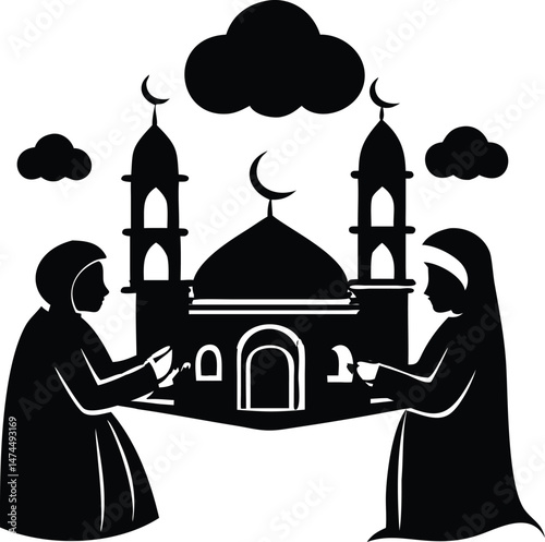 Silhouette of Two People Praying at a Mosque Under Clouds