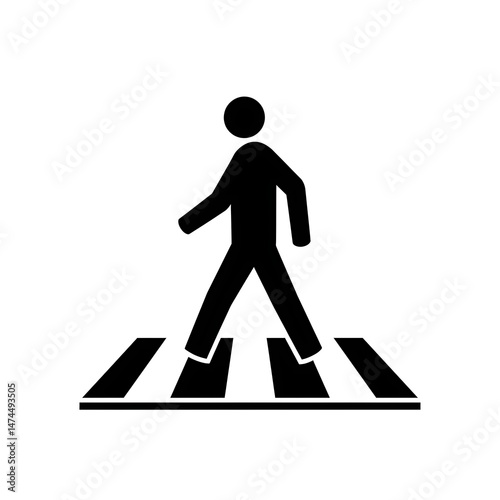Clear black and white icon depicting a person carefully walking on a zebra crossing. A universal symbol for road safety and pedestrian awareness.