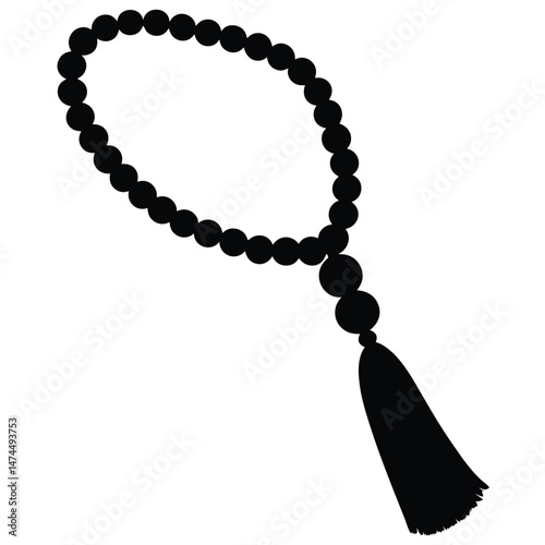 Black silhouette depicts prayer beads with round beads and decorative tassel flowing freely